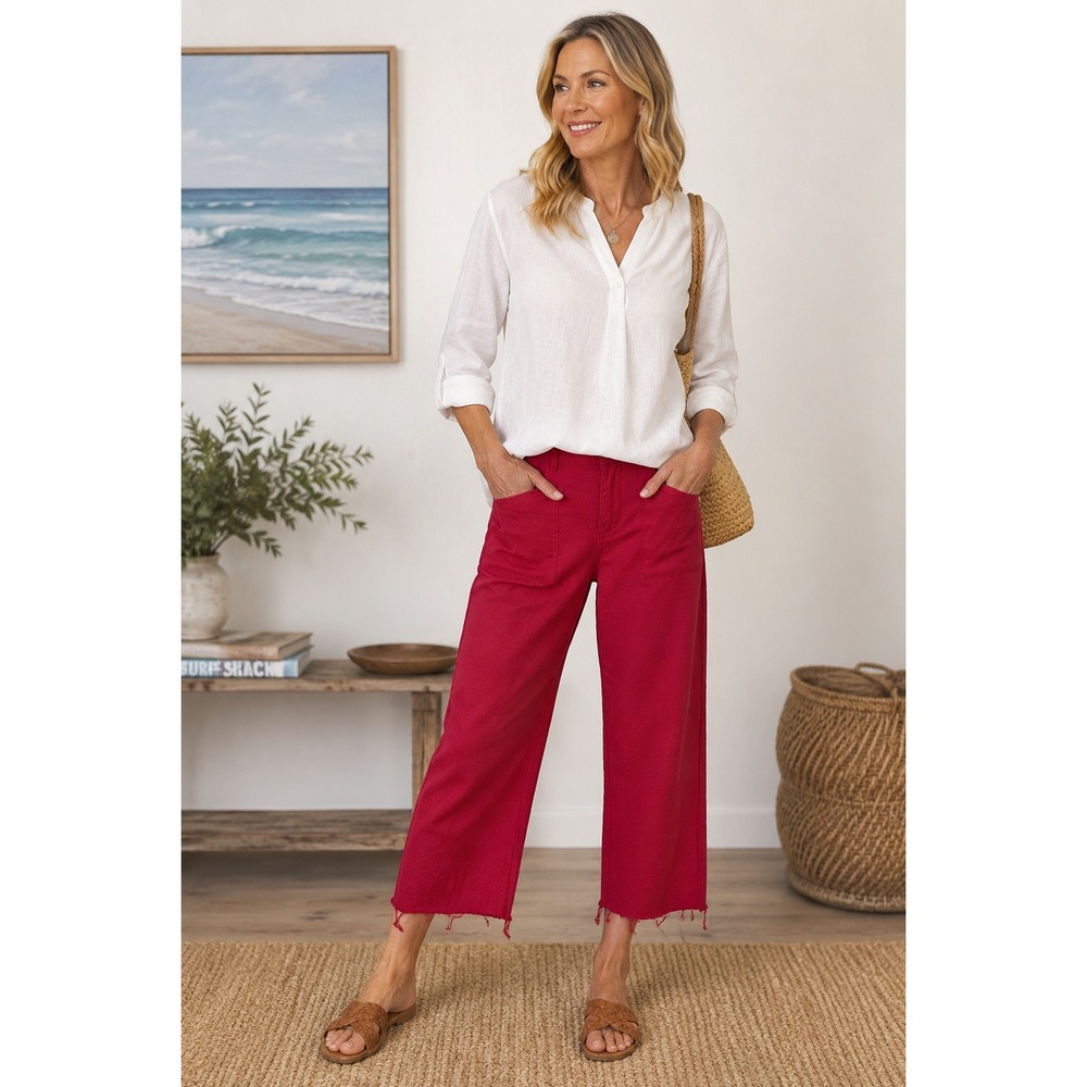 Royalty For Me Cotton Wide Leg Crop Pants 10 Red Raw Hem Coastal Boho